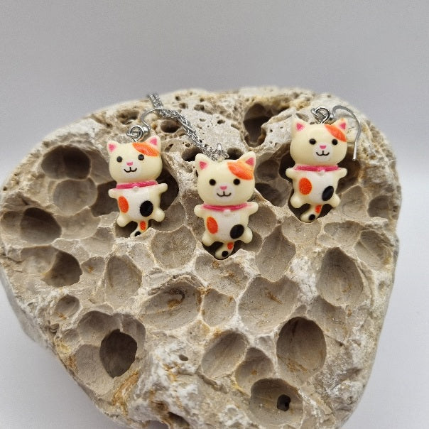 Pendientes y/o Collar Gatito Crema