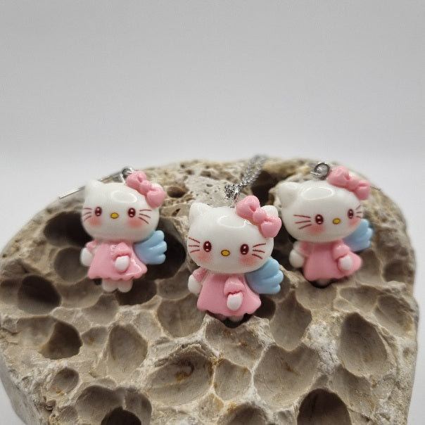 Pendientes y/o Collar Hello Kitty con vestido Rosa y Alas