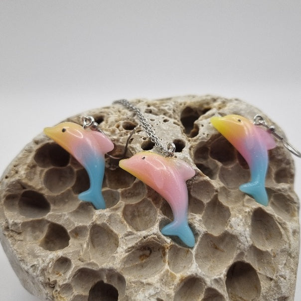 Pendientes y/o Collar Delfin de la Suerte Rosa