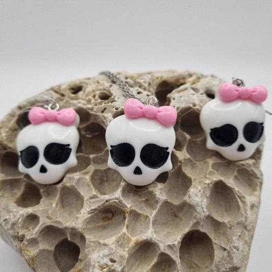 Pendientes y/o Collar Calaveras con Lazo Rosa