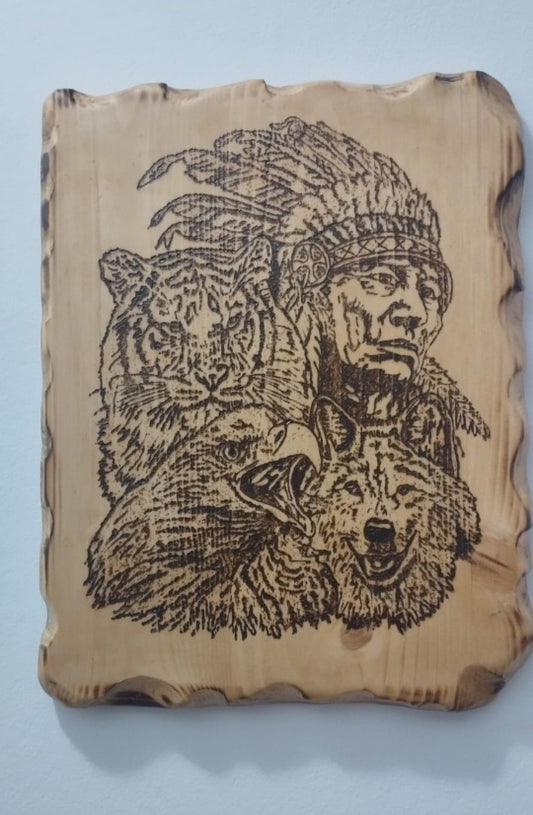 Cuadro de Indio con Leona, Loro y Lobo en Madera Natural, Diseños Únicos!