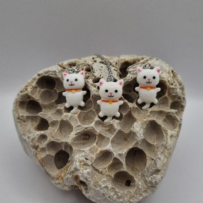 Plata de Ley Pendientes y/o Collar Gatito Blanco