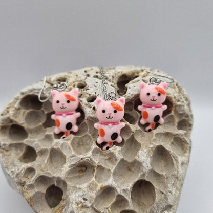 Plata de Ley Pendientes y/o Collar Gatito Rosa