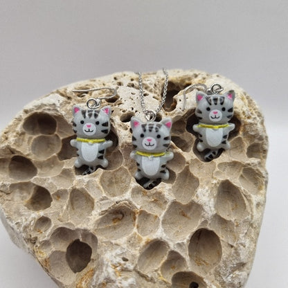 Plata de Ley Pendientes y/o Collar Gatito Gris