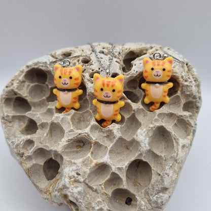 Plata de Ley Pendientes y/o Collar Gatito Anaranjado