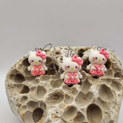 Plata de Ley Pendientes y/o Collar Hello Kitty con Uniforme Rosa