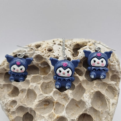 Plata de Ley Pendientes y/o Collar Kuromi Azul