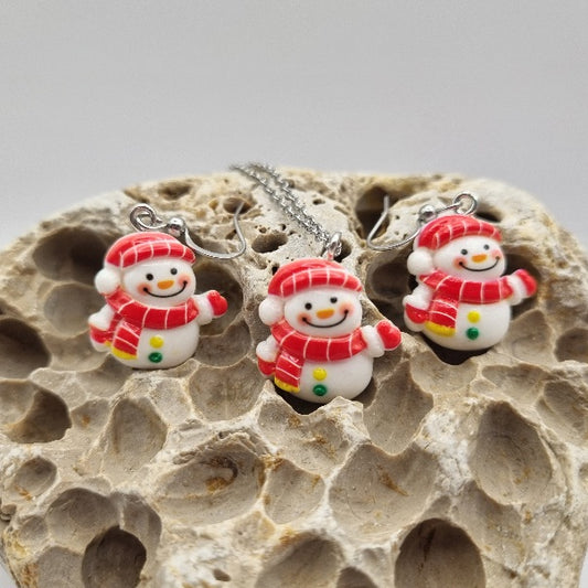 Plata de Ley Pendientes y/o Collar Muñequito de Nieve Navideño