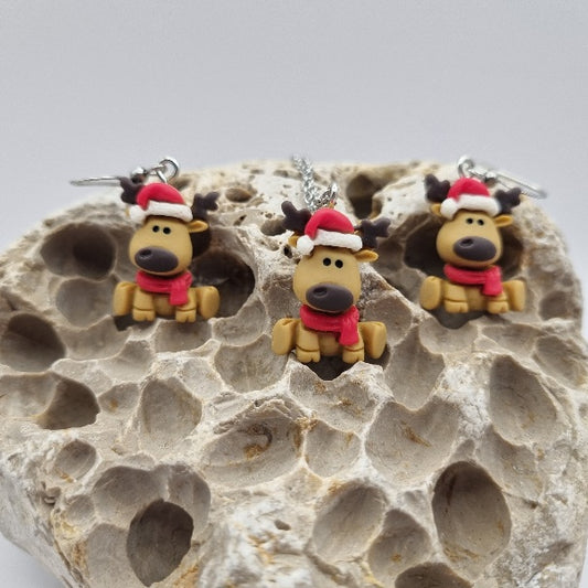 Plata de Ley Pendientes y/o Collar Reno Navideño