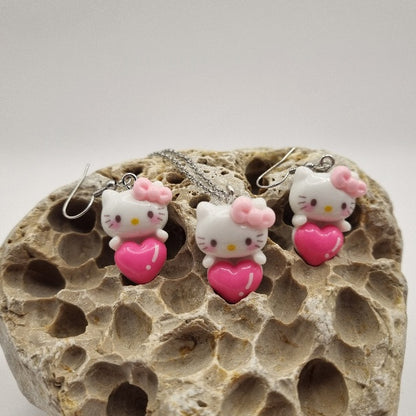 Plata de Ley Pendientes y/o Collar Hello Kitty con Corazón Rosa
