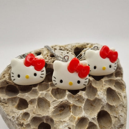 Plata de Ley Pendientes y/o Collar Hello Kitty con Lazo Rojo