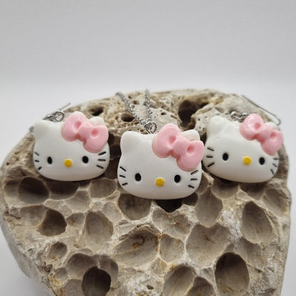Plata de Ley Pendientes y/o Collar Hello Kitty con Lazo Rosa