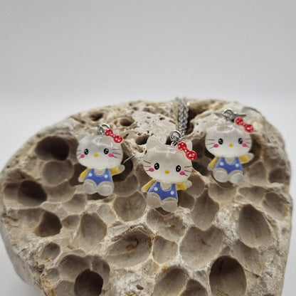 Plata de Ley Pendientes y/o Collar Hello Kitty Translúcida con Vestido Azul