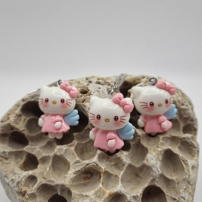 Plata de Ley Pendientes y/o Collar Hello Kitty con vestido Rosa y Alas