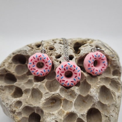 Plata de Ley Pendientes y/o Collar Donuts de Chocolate de Fresa