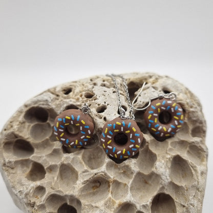 Plata de Ley Pendientes y/o Collar Donuts de Chocolate