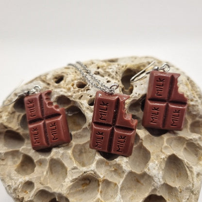 Plata de Ley Pendientes y/o Collar Tableta de Chocolate Milk