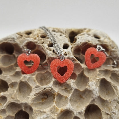 Plata de Ley Pendientes y/o Collar Corazón Rojo con Azúcar Glas