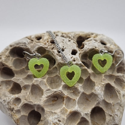 Plata de Ley Pendientes y/o Collar Corazón Verde con Azúcar Glas