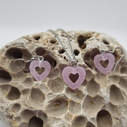 Plata de Ley Pendientes y/o Collar Corazón Lila con Azúcar Glas