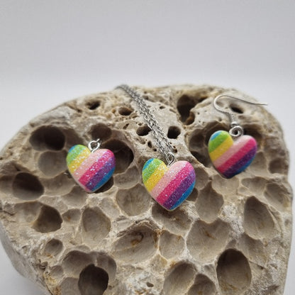 Plata de Ley Pendientes y/o Collar Amor Corazón Arcoíris