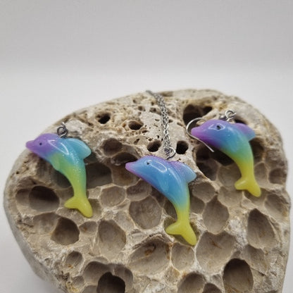 Plata de Ley Pendientes y/o Collar Delfín de la Suerte Azul