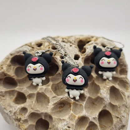 Plata de Ley Pendientes y/o Collar Kuromi Negro