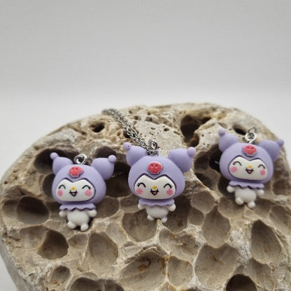 Plata de Ley Pendientes y/o Collar Kuromi Lila