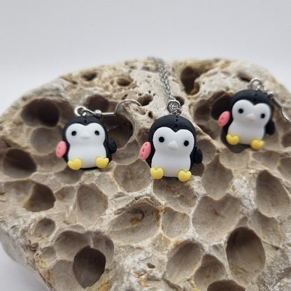 Plata de Ley Pendientes y/o Collar Pingüino de la Suerte