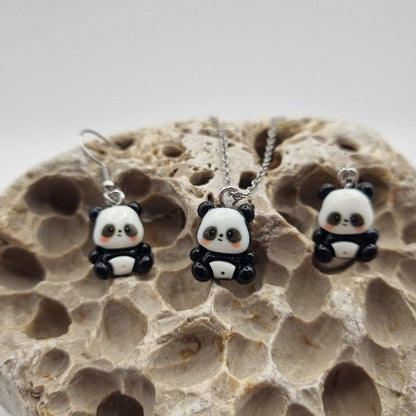 Plata de Ley Pendientes y/o Collar Ositos Panda