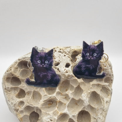 Acero Inoxidable Pendientes 2D Gatos Negros de la Suerte