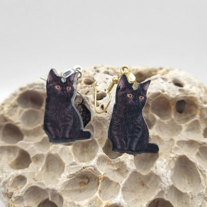 Acero Inoxidable Pendientes 2D Gatos Negros de la Suerte