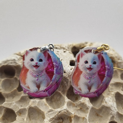 Acero Inoxidable Pendientes 2D Gatas Blancas