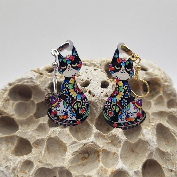 Acero Inoxidable Pendientes 2D Gatos de la Suerte