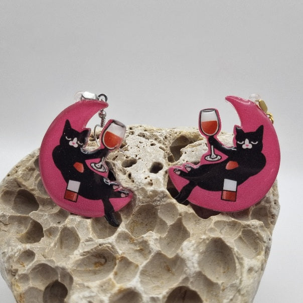 Acero Inoxidable Pendientes 2D Gatos Negros de la Suerte