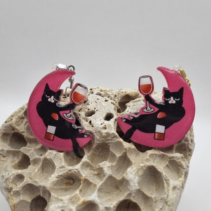 Acero Inoxidable Pendientes 2D Gatos Negros de la Suerte