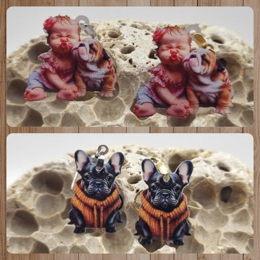 Acero Inoxidable Pendientes 2D Bulldog  Inglés y Francés