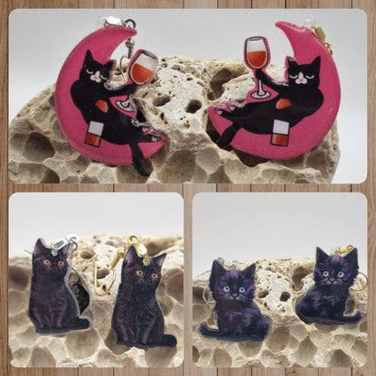 Acero Inoxidable Pendientes 2D Gatos Negros de la Suerte