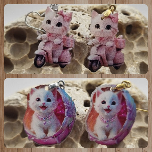 Acero Inoxidable Pendientes 2D Gatas Blancas