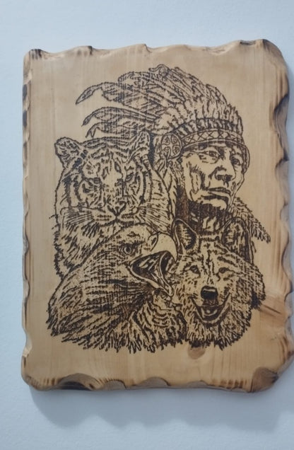 Cuadro de Indio con Leona, Loro y Lobo en Madera Natural, Diseños Únicos!