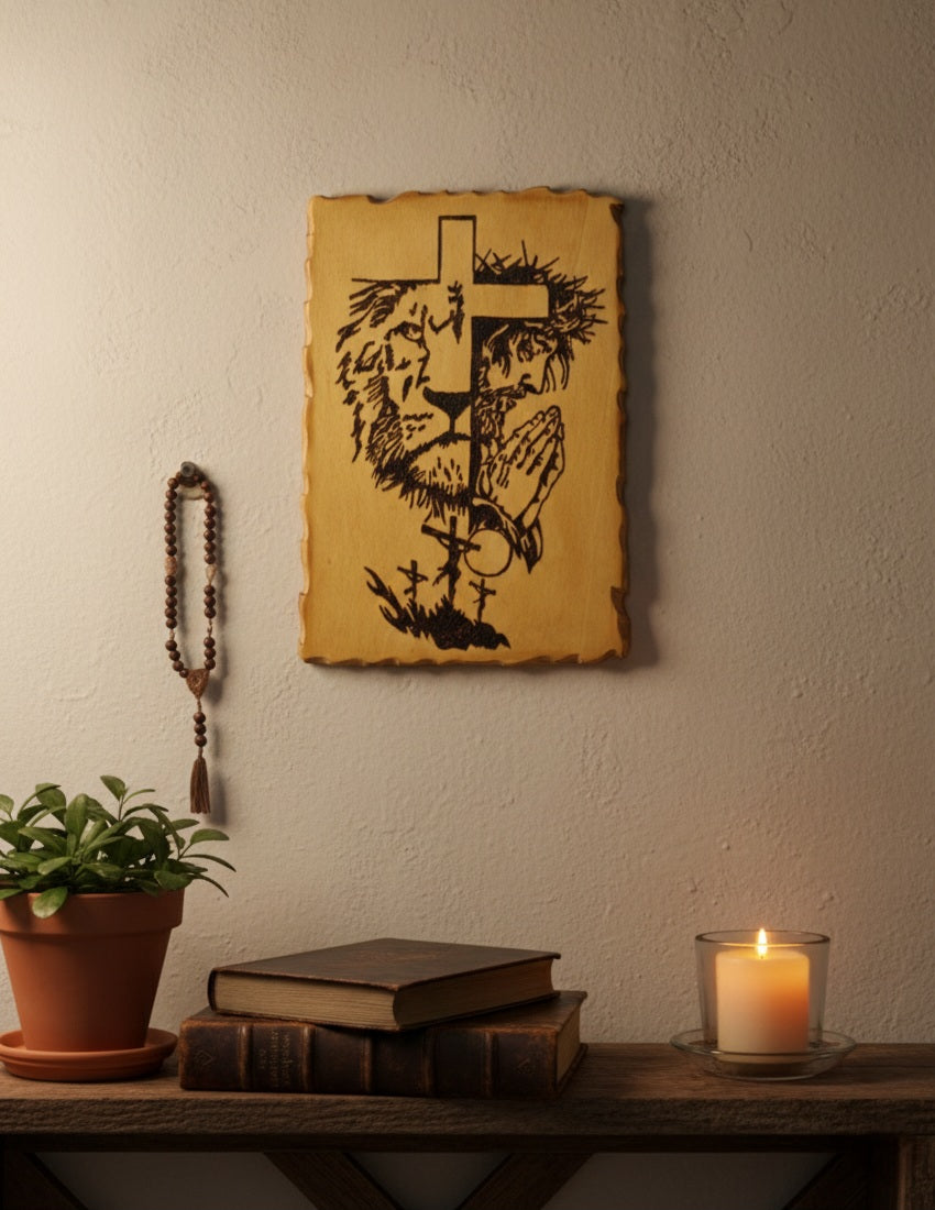 Cuadro de Jesucristo con León en Madera Natural, Diseños Únicos!