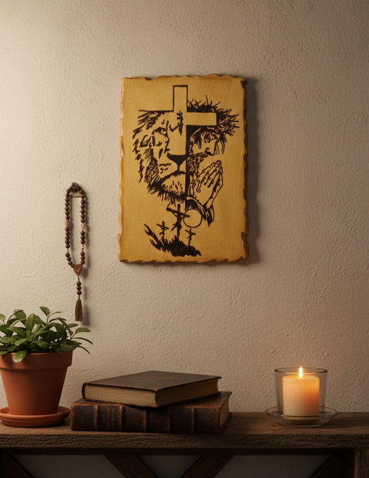Cuadro de Jesucristo con León en Madera Natural, Diseños Únicos!