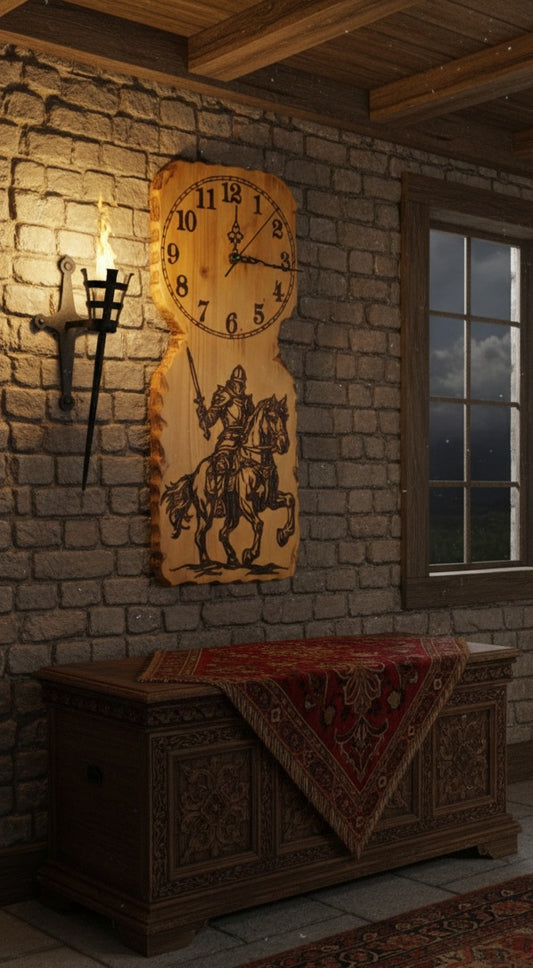 Cuadro con Reloj Caballero en Caballo en Madera Natural, Diseños Únicos!