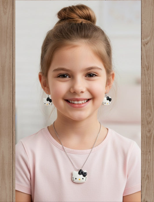 Plata de Ley Pendientes y/o Collar Hello Kitty con Lazo Negro