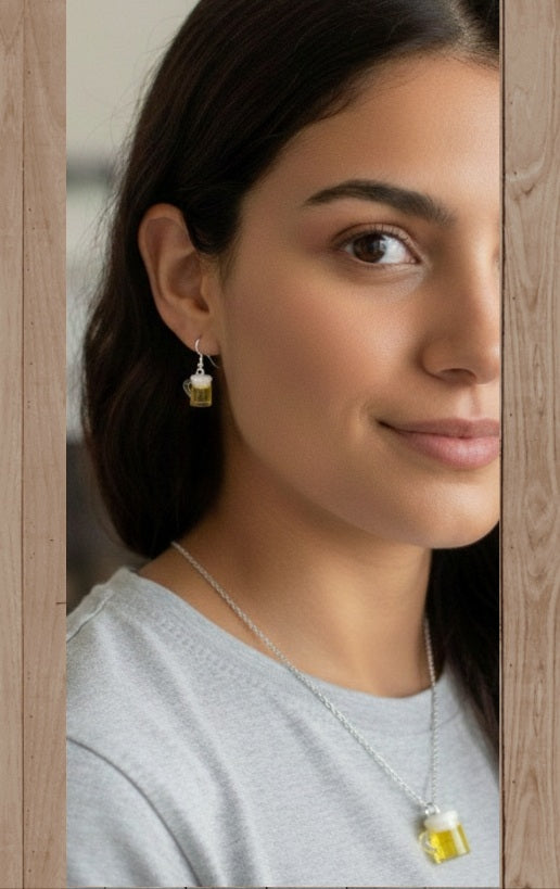 Plata de Ley Pendientes y/o Collar Jarra de Cerveza