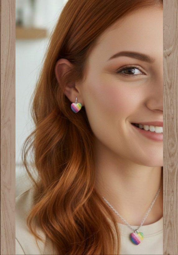 Plata de Ley Pendientes y/o Collar Amor Corazón Arcoíris