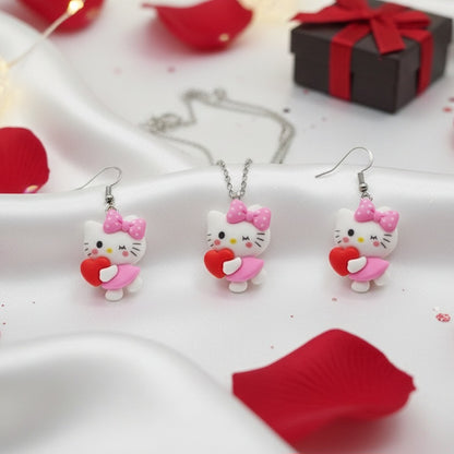 Plata de Ley Pendientes y/o Collar Hello Kitty con Vestido Rosa