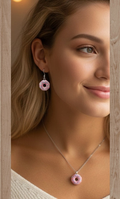 Plata de Ley Pendientes y/o Collar Donuts de Chocolate de Fresa