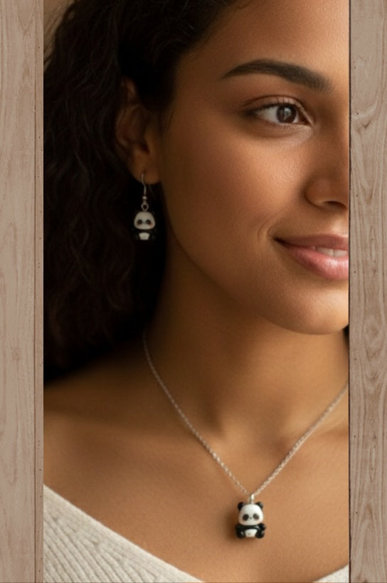 Plata de Ley Pendientes y/o Collar Ositos Panda