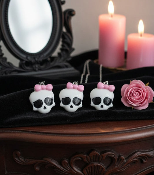 Plata de Ley Pendientes y/o Collar Calaveras con Lazo Rosa